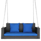 HAOYYE 49in Black Rattan Swing Chair with Blue Cushion Hanging Wicker Seat for Patio Balcony Indoor Outdoor Use Comfortable Egg Style Hammock Chair Without Swing Frame Lightweight and Durable Design